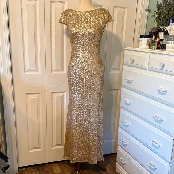 SORELLA VITA Gold Sequin Cap-Sleeve Maxi Gown Sz 10 - Picture 1 of 10